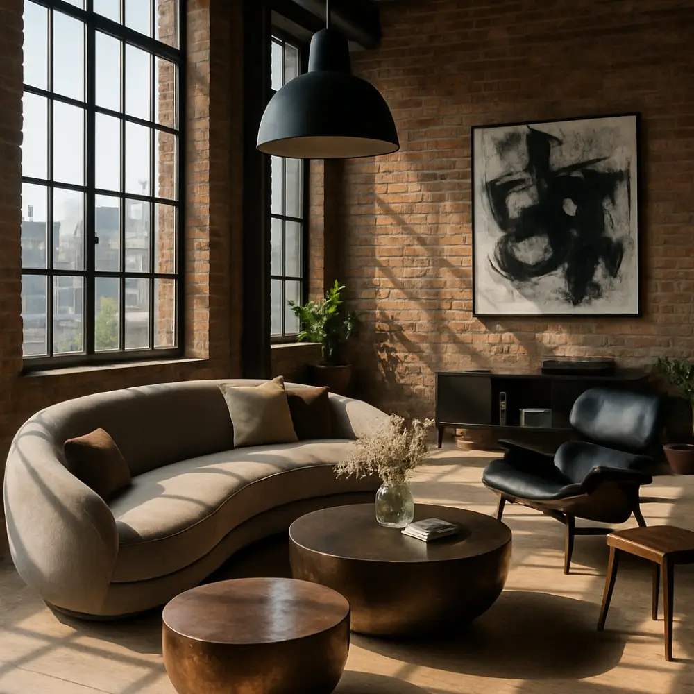 Dark and moody industrial living room in a loft style apartment