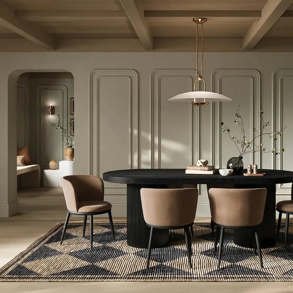 Modern dining room with a black round table and beige chairs.