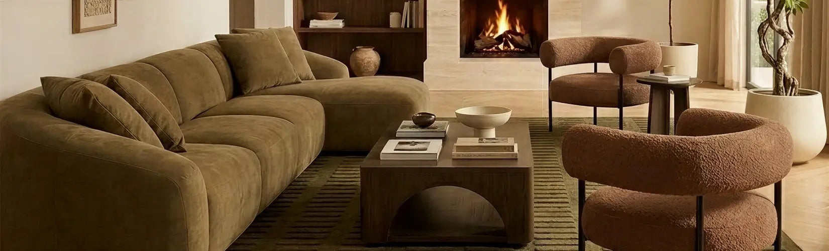 Olive green sofa, with burnt orange boucle accent chairs, luxury living room