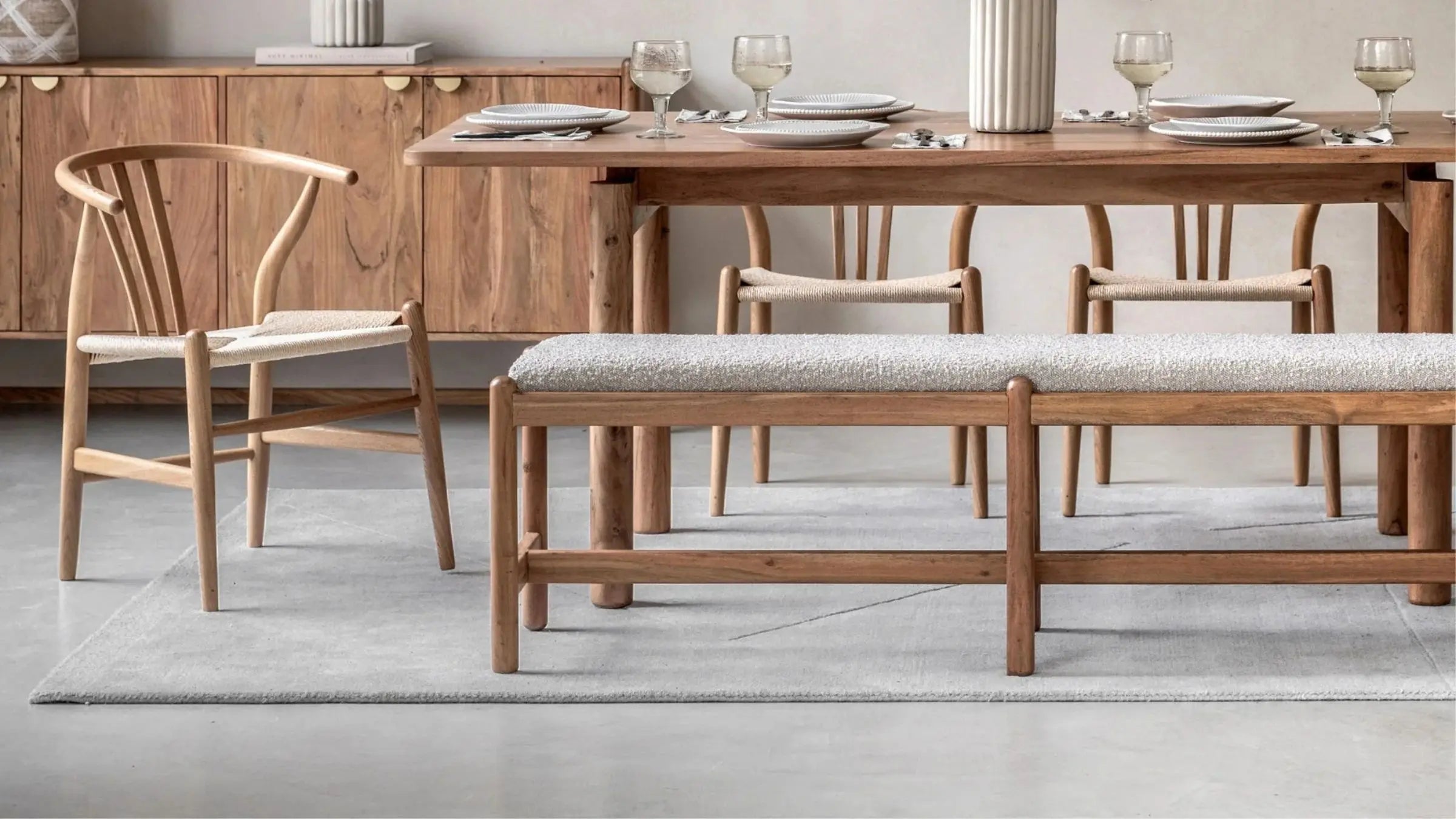 Wooden dining table with matching dining chairs and wooden dining bench