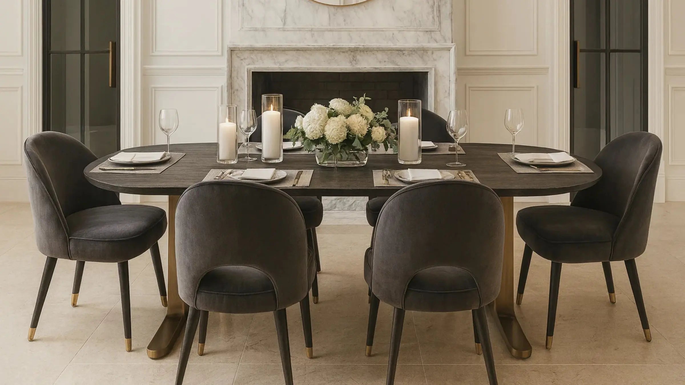 6 seat dining table with charcoal dining chairs around it, wine glasses and candles as table sets