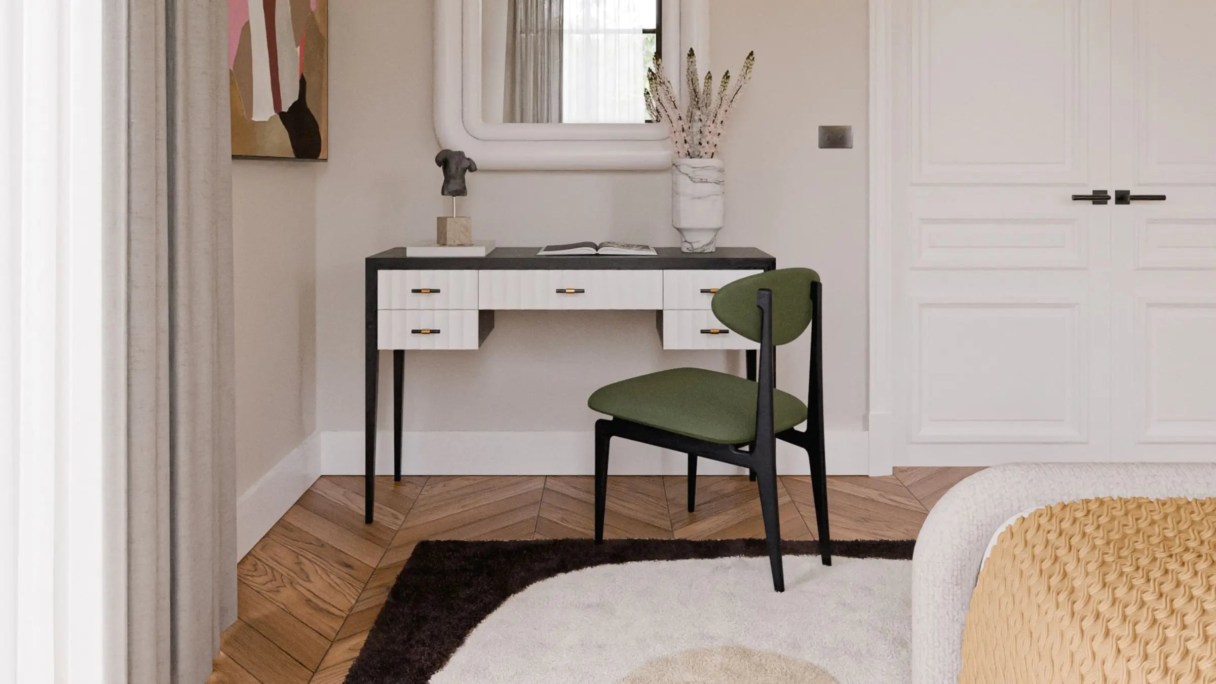 Dressing table in the corner of a white bedroom with wooden floor. Green dressing table chair pulled out and decorative objects on the dresser