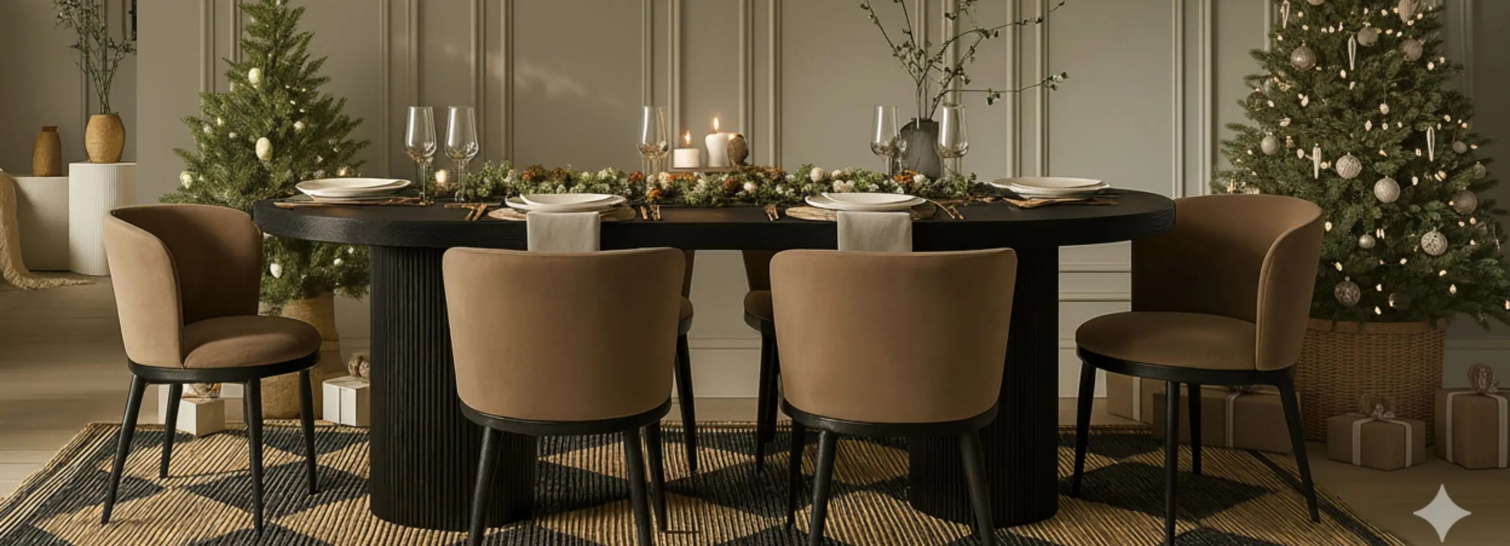 Modern, luxurious dining room setting with Christmas decor and tablescape