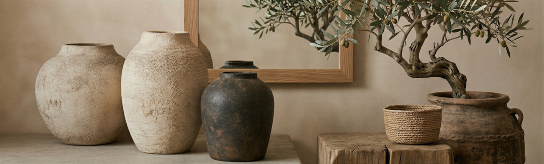Organic, earthy, rustic large pots. Large olive tree in rustic pot, wooden mirror.