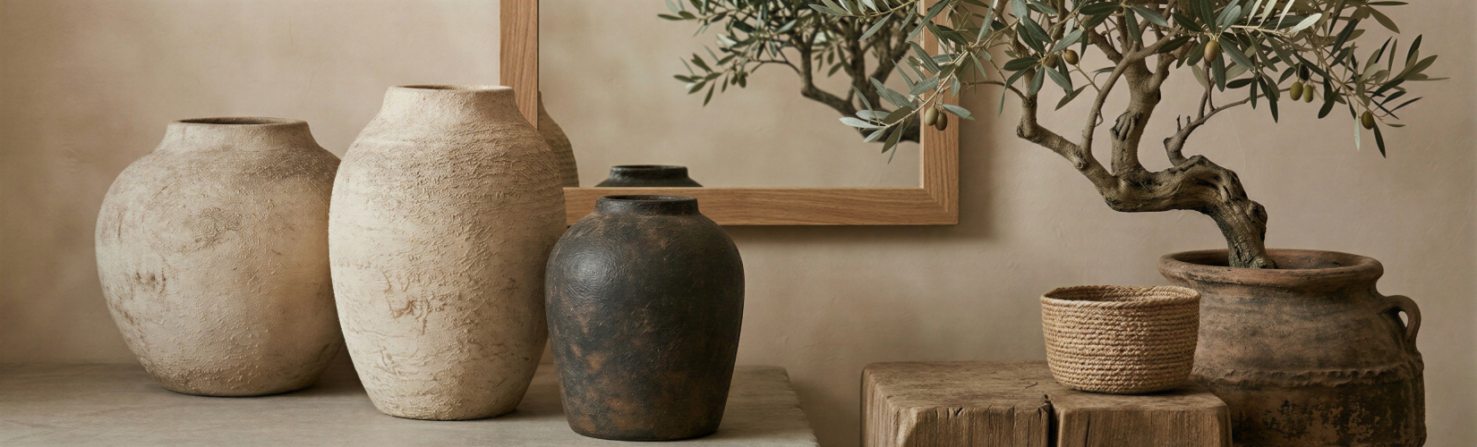 Organic, earthy, rustic large pots. Large olive tree in rustic pot, wooden mirror.