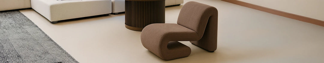 Brown ribbed fabric unique chair in neutral plain living room