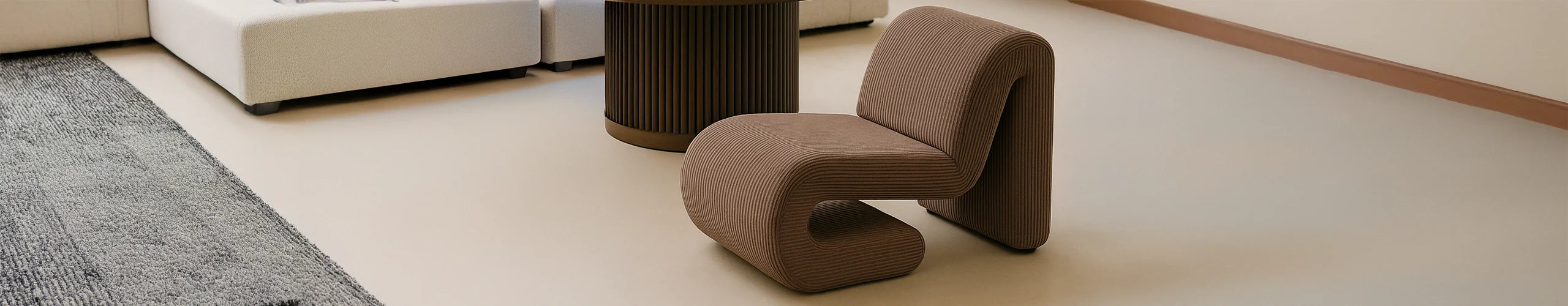 Brown ribbed fabric unique chair in neutral plain living room