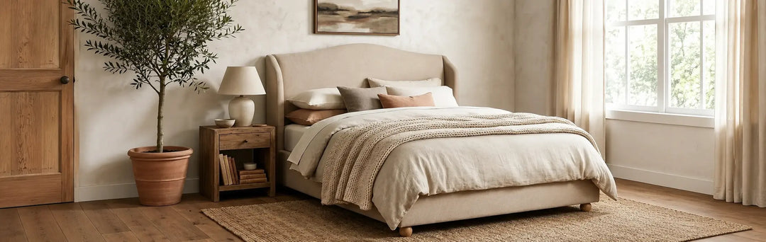 Bedroom setting in a neutral beige colour palette with an upholstered bed, matching accent chair and white bedside tables either side with white lamps