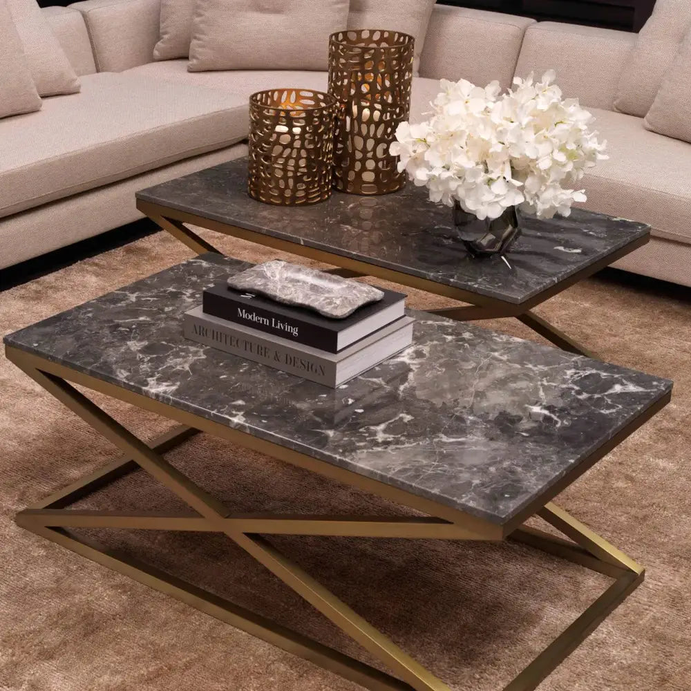 Eichholtz Criss Cross Coffee Table in Brushed Brass Finish & Grey Marble