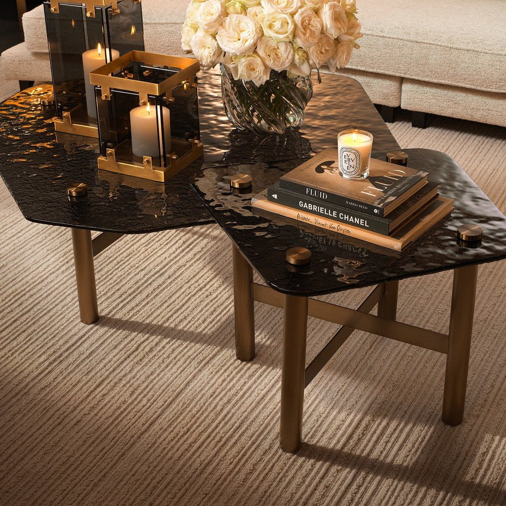 Cortes Coffee Table - Brushed Brass & Casted Smoke Glass