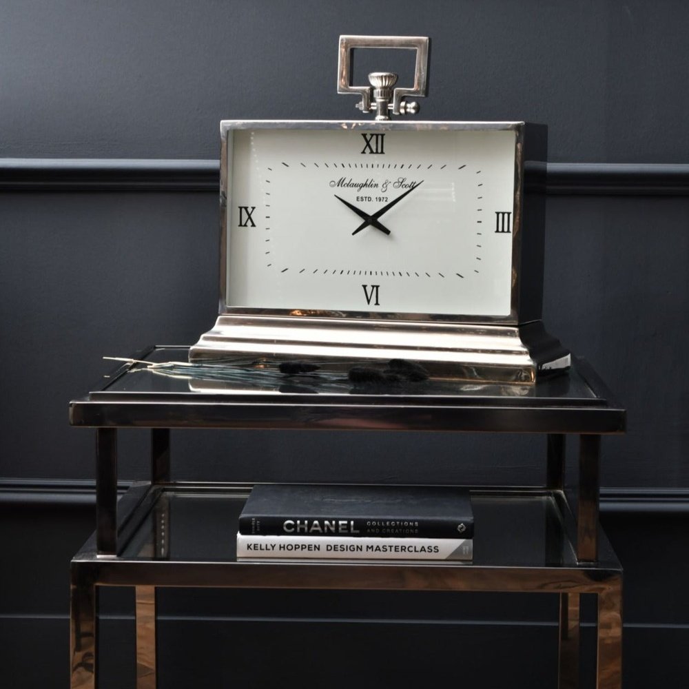  Libra-Libra Midnight Mayfair Collection - Latham Medium Aluminium Rectangular Clock With Roman Numerals-Silver 493 