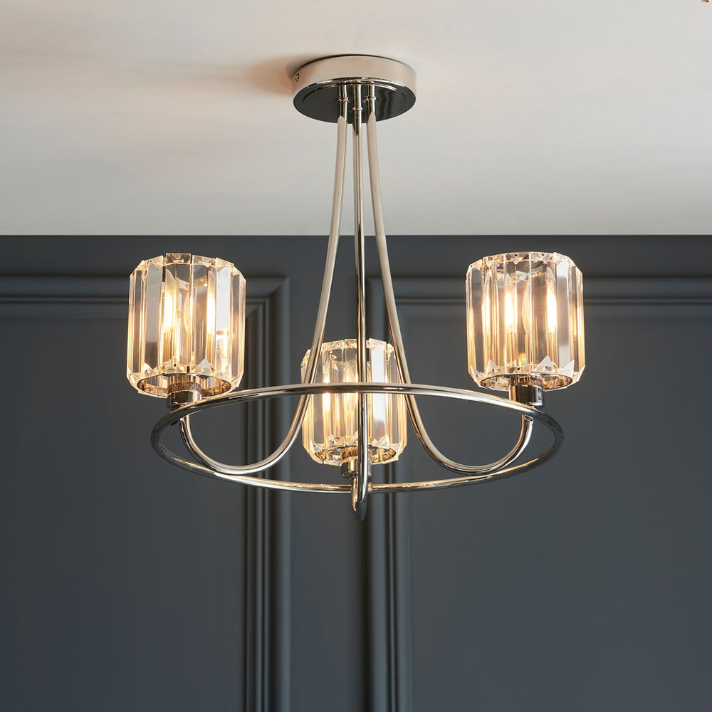 Berenice 3 Faceted Glass Ceiling Light - Nickel Endon 2