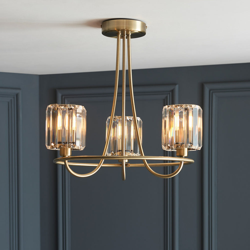 Berenice 3 Faceted Glass Ceiling Light - Antique Brass Endon 2