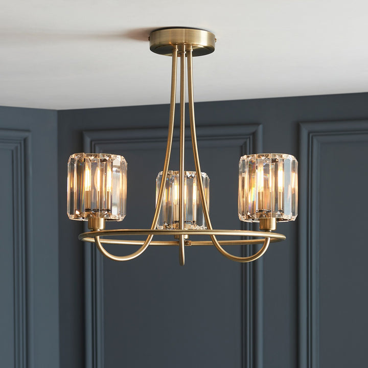 Berenice 3 Faceted Glass Ceiling Light - Antique Brass Endon 2
