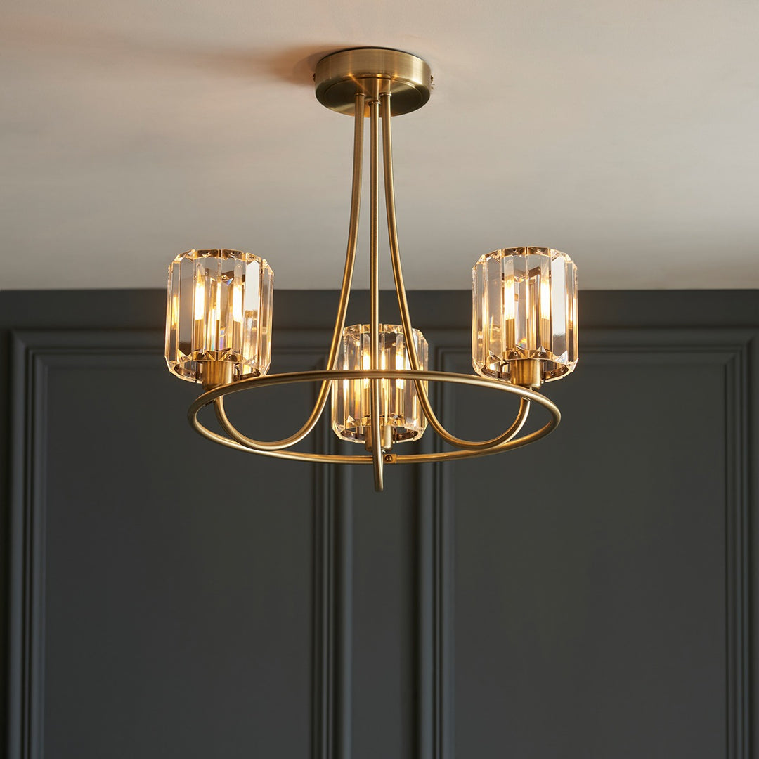 Berenice 3 Faceted Glass Ceiling Light - Antique Brass Endon 3