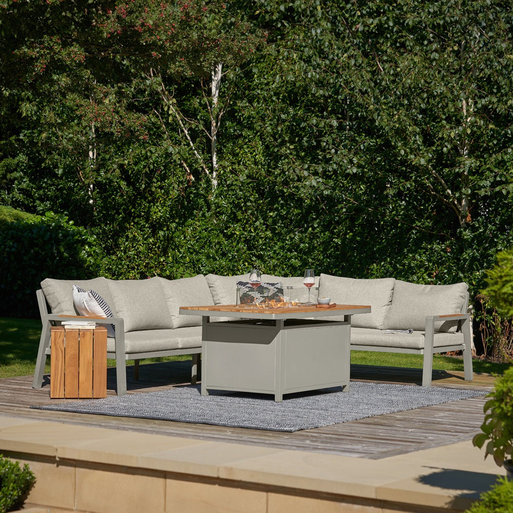 Olivia's Outdoor Oslo Limestone Corner Set including Fire Pit Table