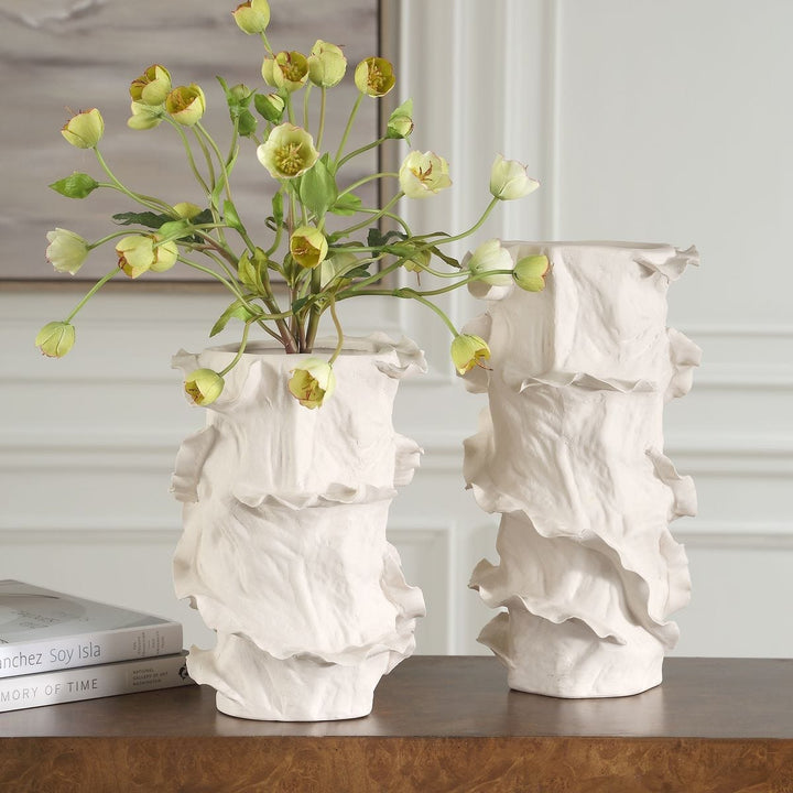 Ripple Crest Set of 2 White Vases
