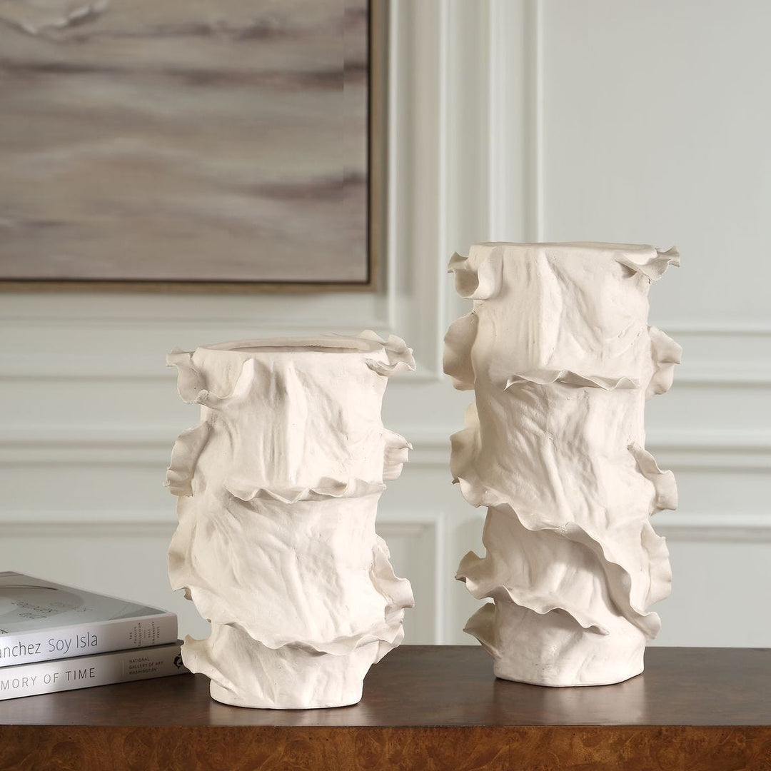 Ripple Crest Set of 2 White Vases