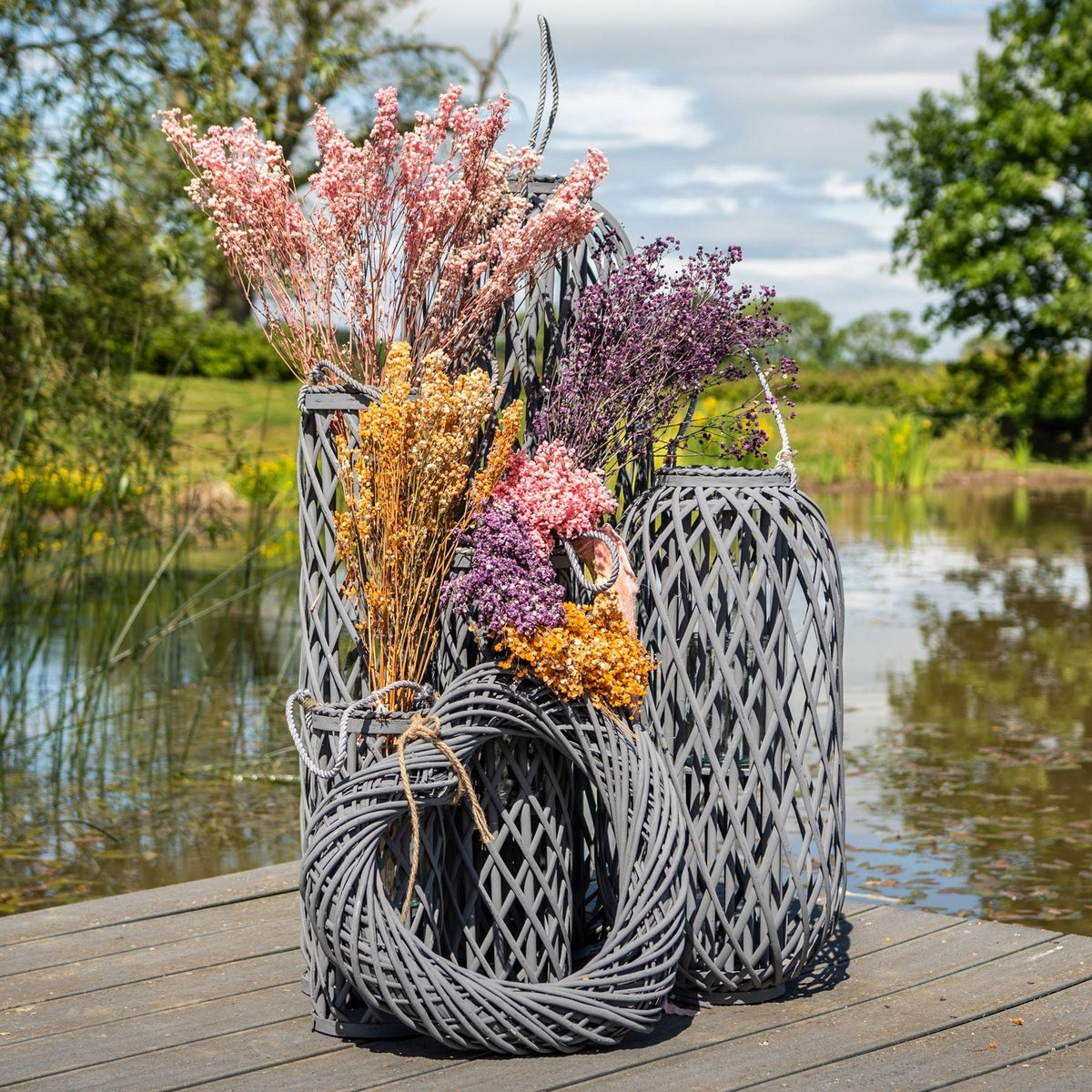 Hill Interiors Standing Wicker Lantern in Grey