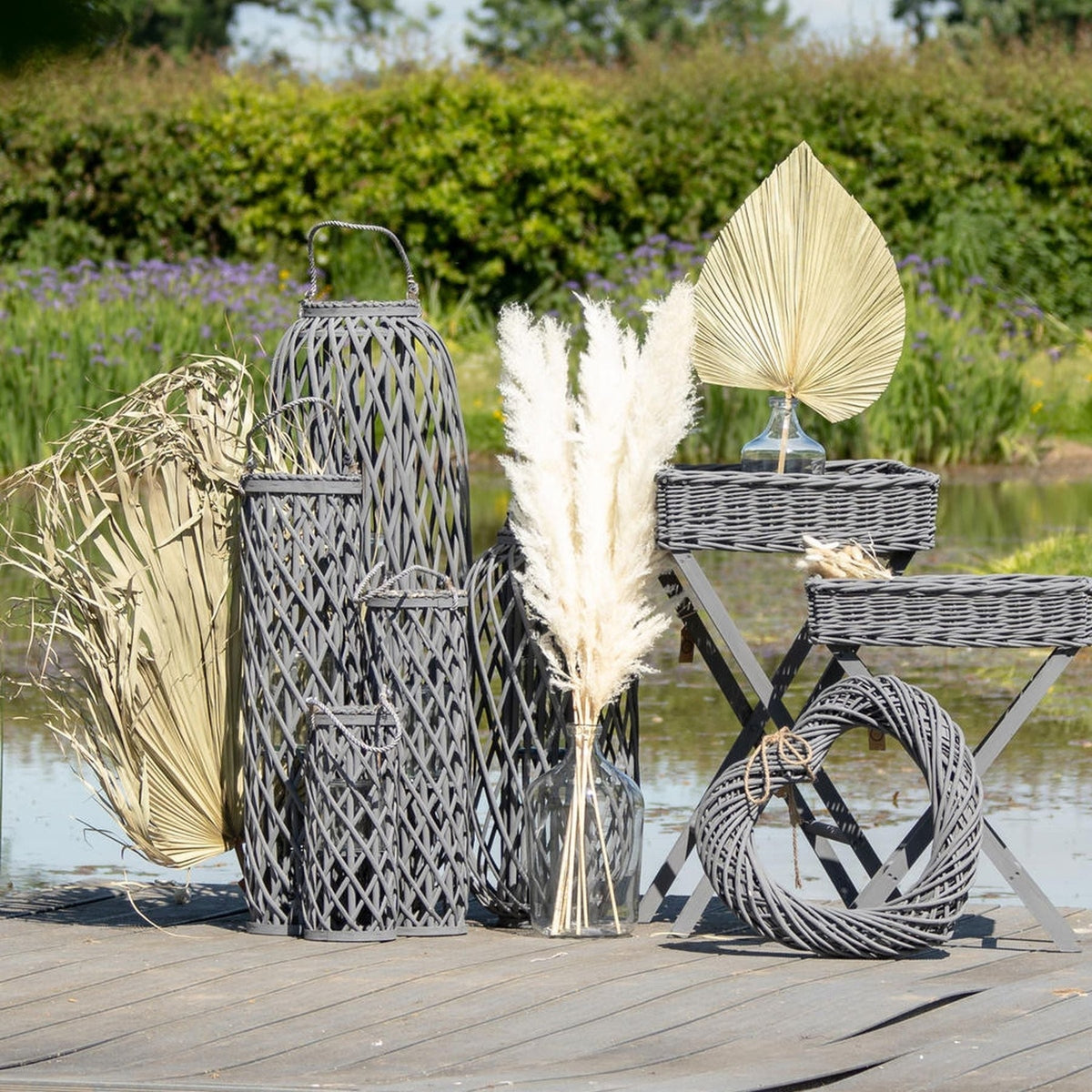 Hill Interiors Standing Wicker Lantern in Grey