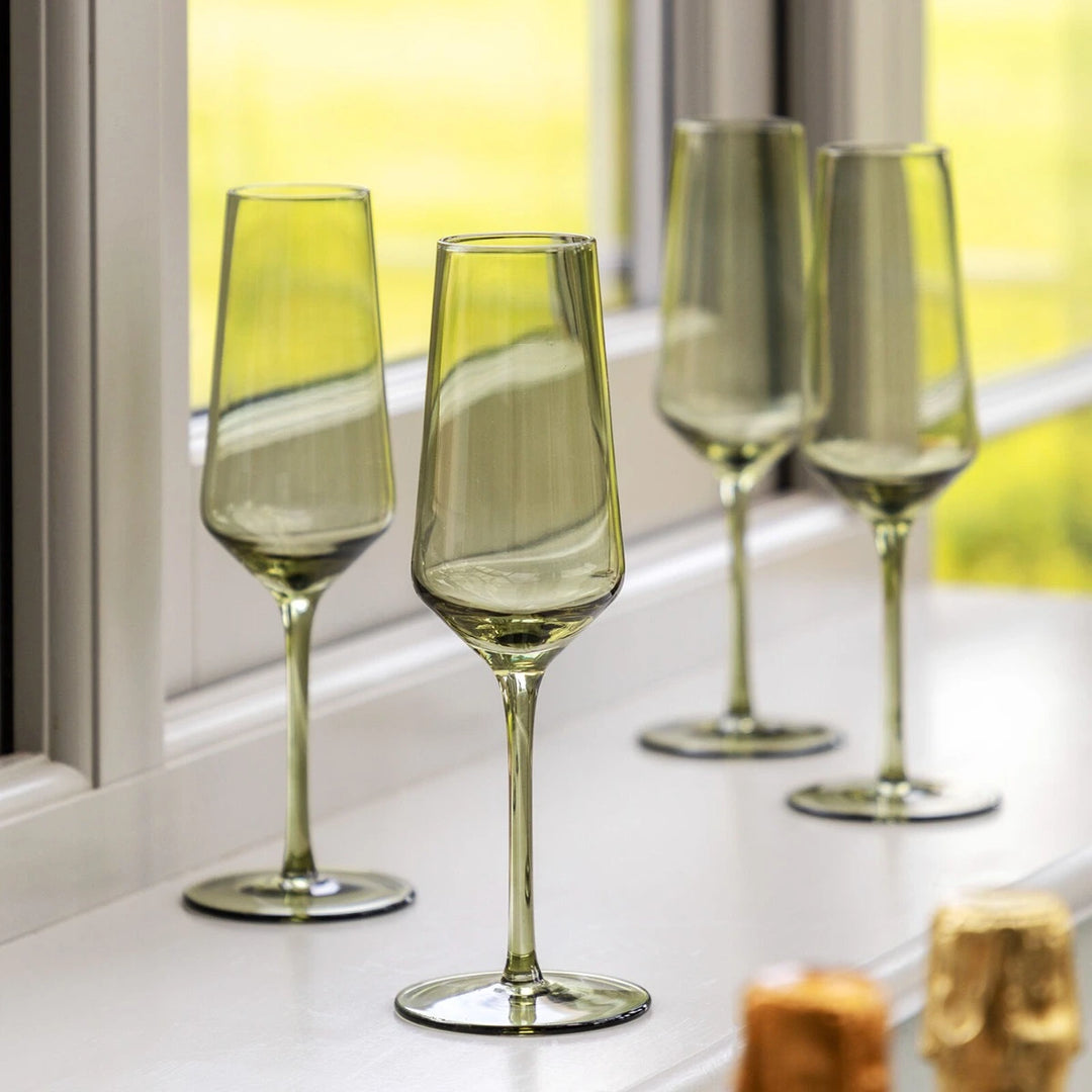 Set of 4 Flute Glasses - Smokey Green