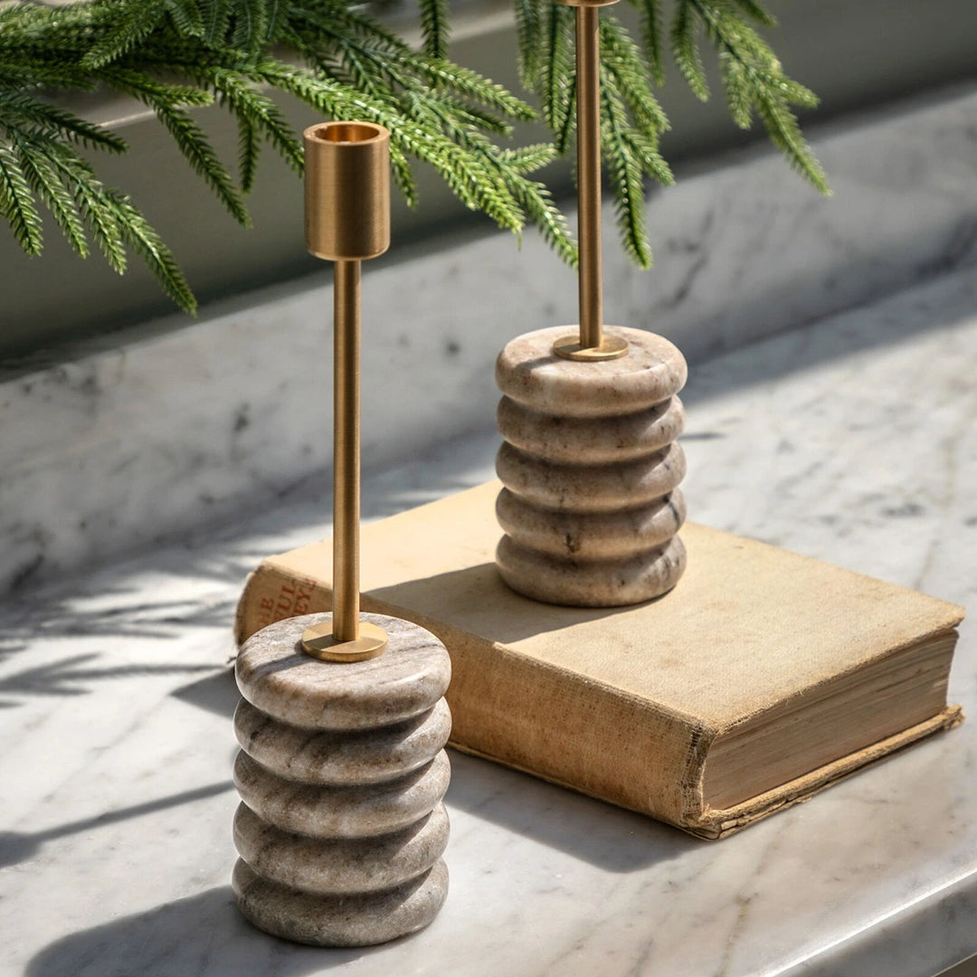 Nori Set of 2 Marble Candle Sticks - Gold