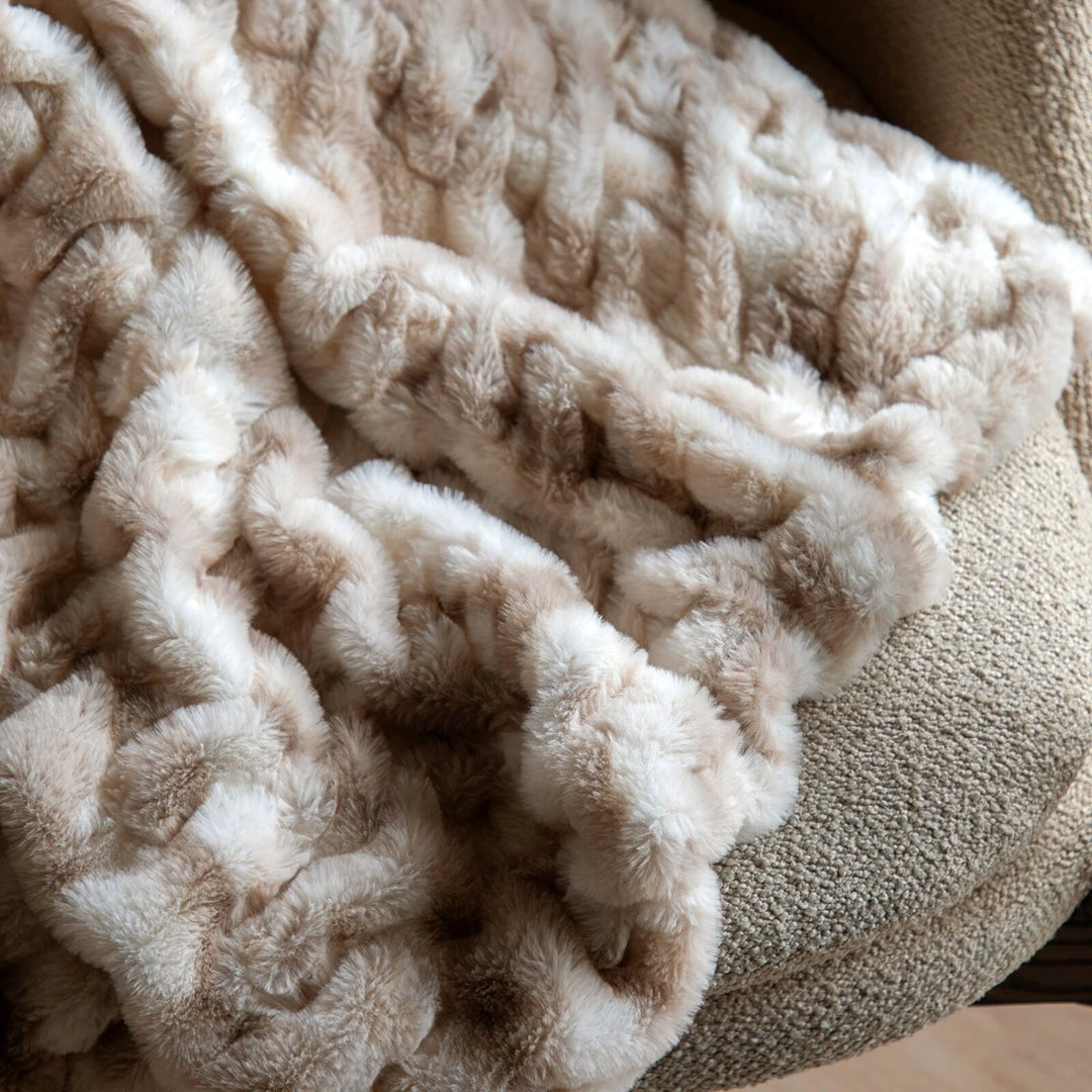 Deco Luxe Ruched Faux Fur Throw - Cream