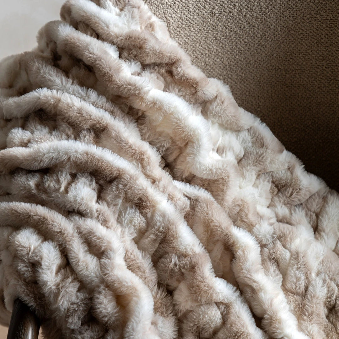 Deco Luxe Ruched Faux Fur Throw - Cream