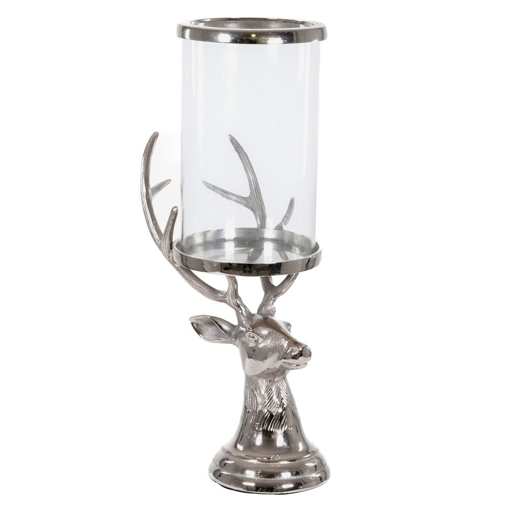 Hill Interiors Stag Candle Hurricane Lantern in Silver