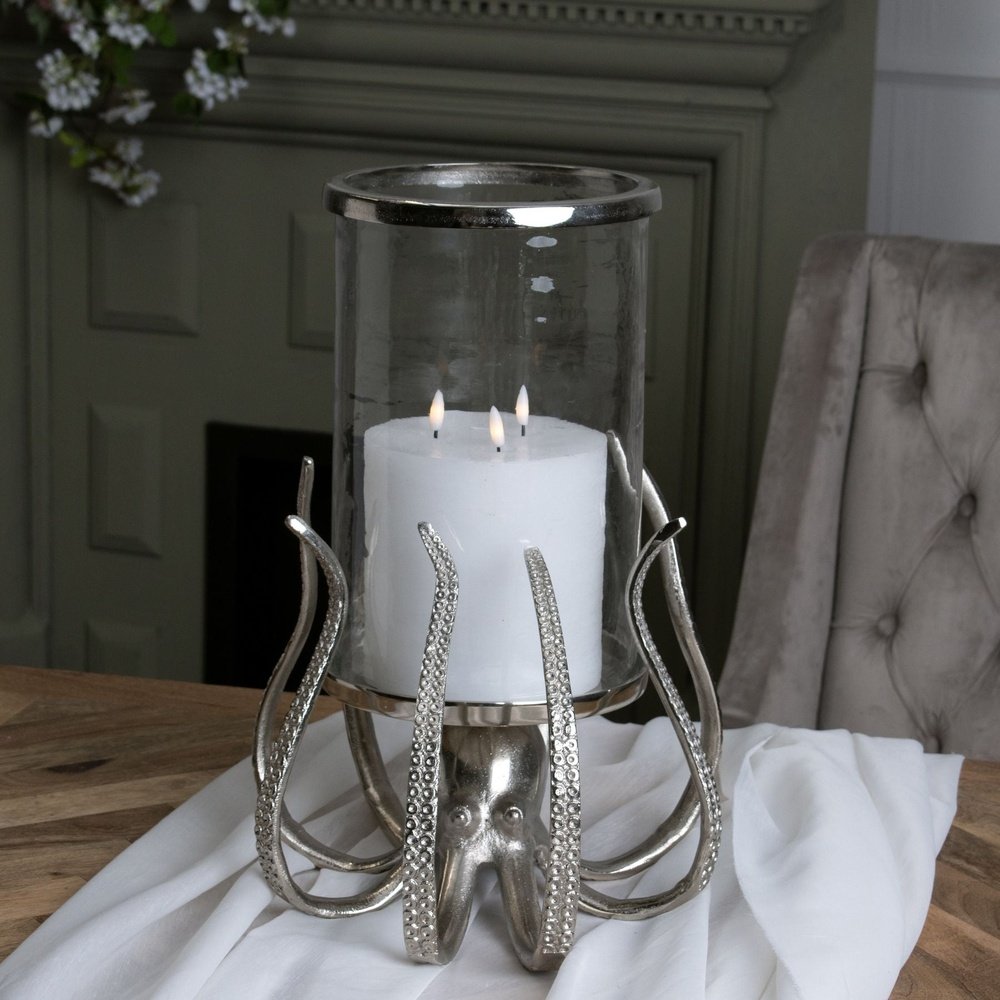 Hill Interiors Octopus Candle Hurricane Lantern in Silver