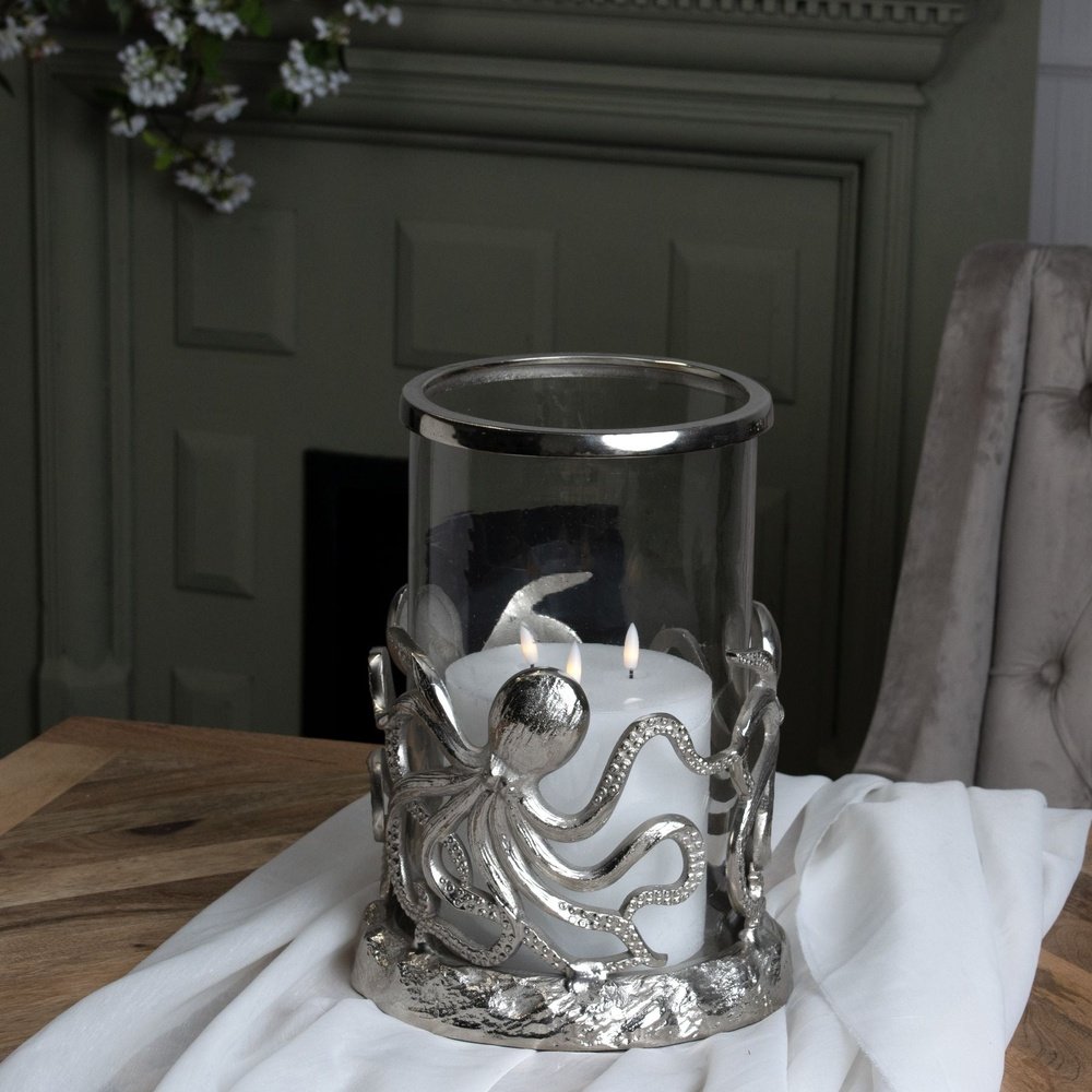 Hill Interiors Octopus Candle Hurricane Lantern in Silver