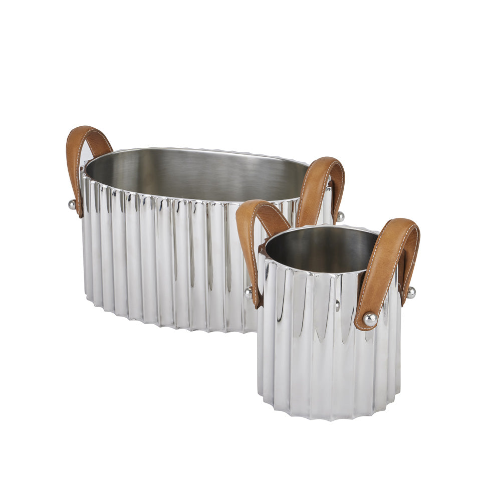 Hill Interiors Large Silver Fluted Leather Handled Champagne Cooler