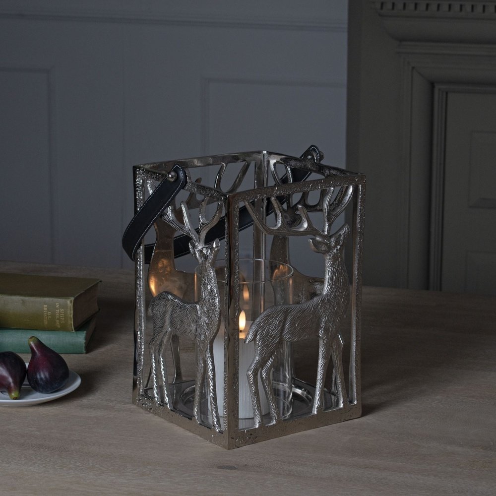 Hill Interiors Stag Hurricane Square Lantern With Black Strap in Silver