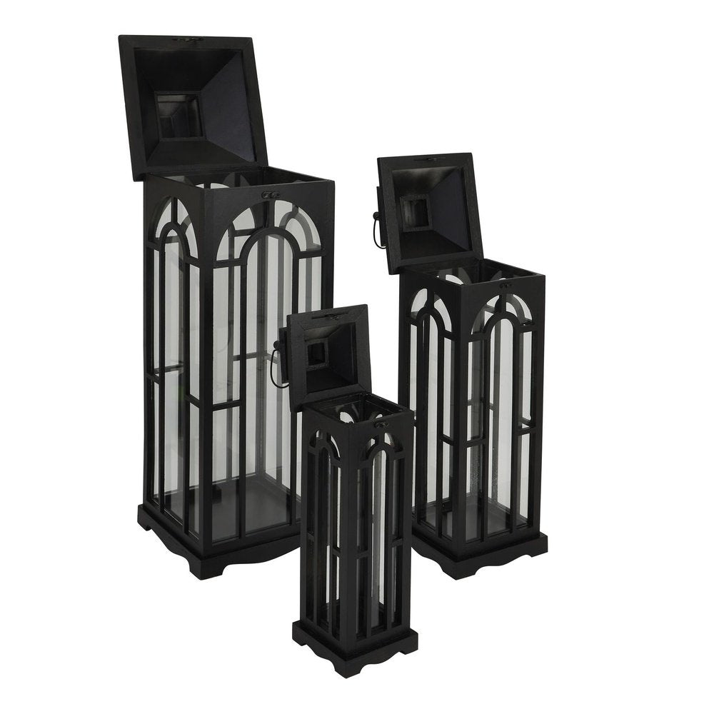 Hill Interiors Set Of Three Wooden Lanterns With Archway Design in Black