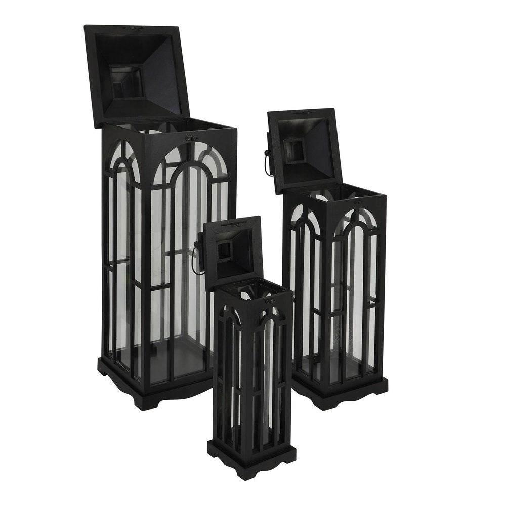  Hill-Hill Interiors Set Of Three Wooden Lanterns With Archway Design in Black-Black 461 
