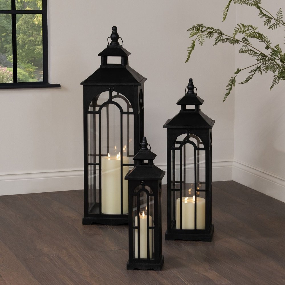 Hill Interiors Set Of Three Wooden Lanterns With Archway Design in Black