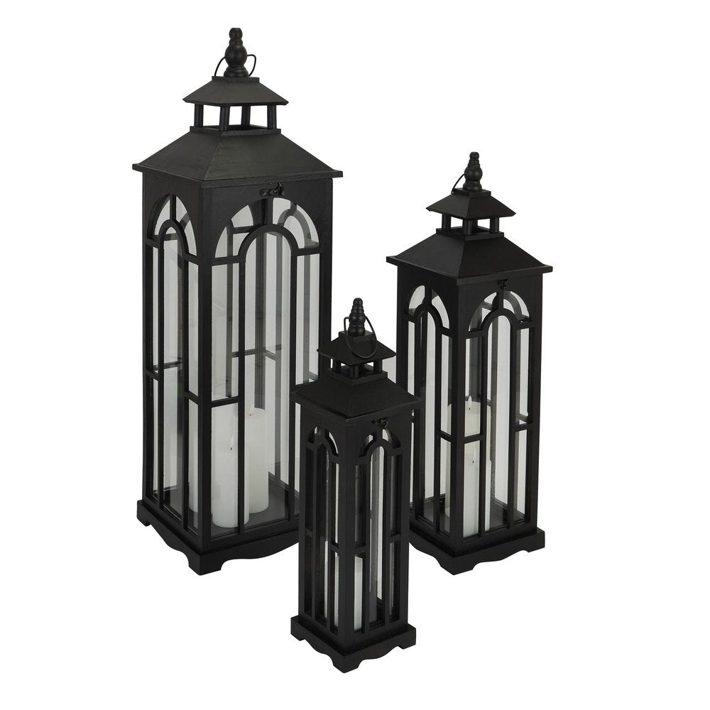  Hill-Hill Interiors Set Of Three Wooden Lanterns With Archway Design in Black-Black 213 