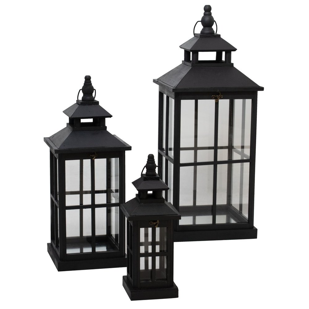 Hill Interiors Set Of 3 Window Style Lanterns With Open Top in Black