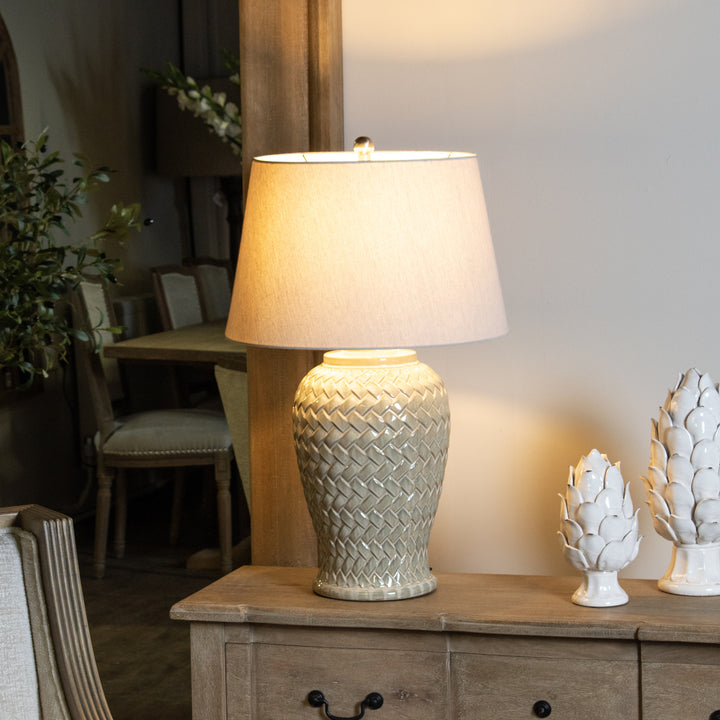Woven Ceramic Table Lamp with Linen Shade