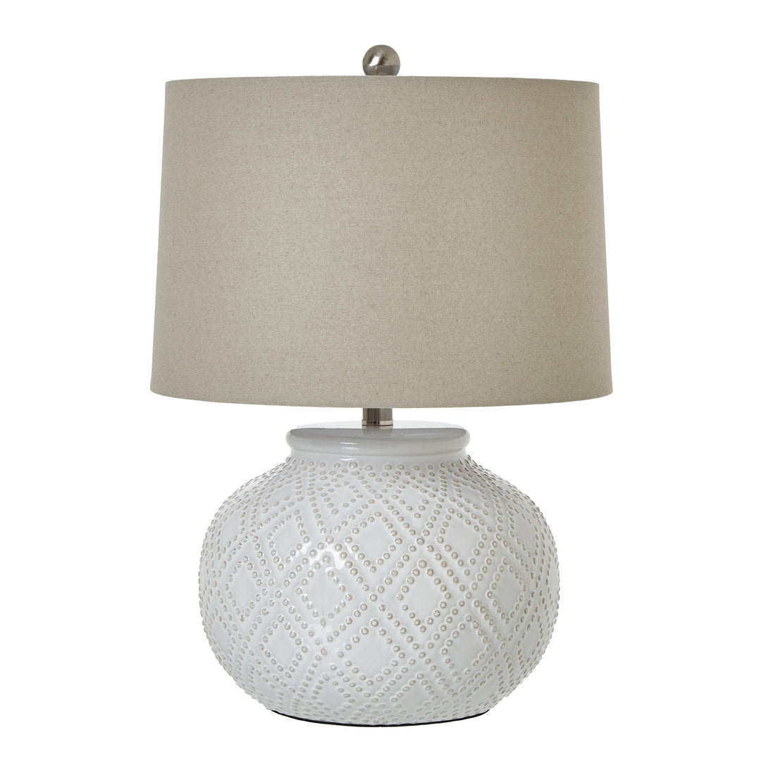 Squat Beaded Ceramic Lamp with Linen Shade - White Hill 1