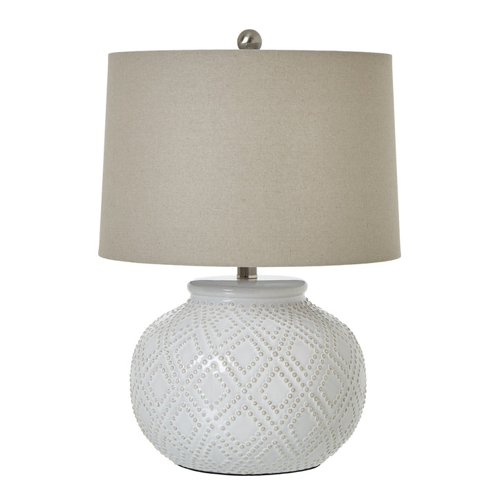 Squat Beaded Ceramic Lamp with Linen Shade - White Hill 1