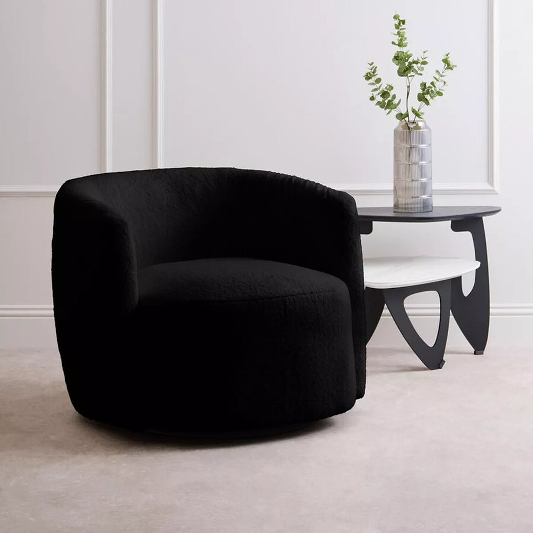 Montreal Boucle Effect Swivel Base Curved Lounge Chair - Black