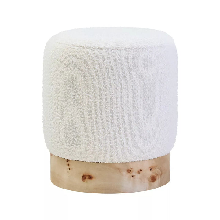 Mota Burl Wood Boucle Round Stool - Cream