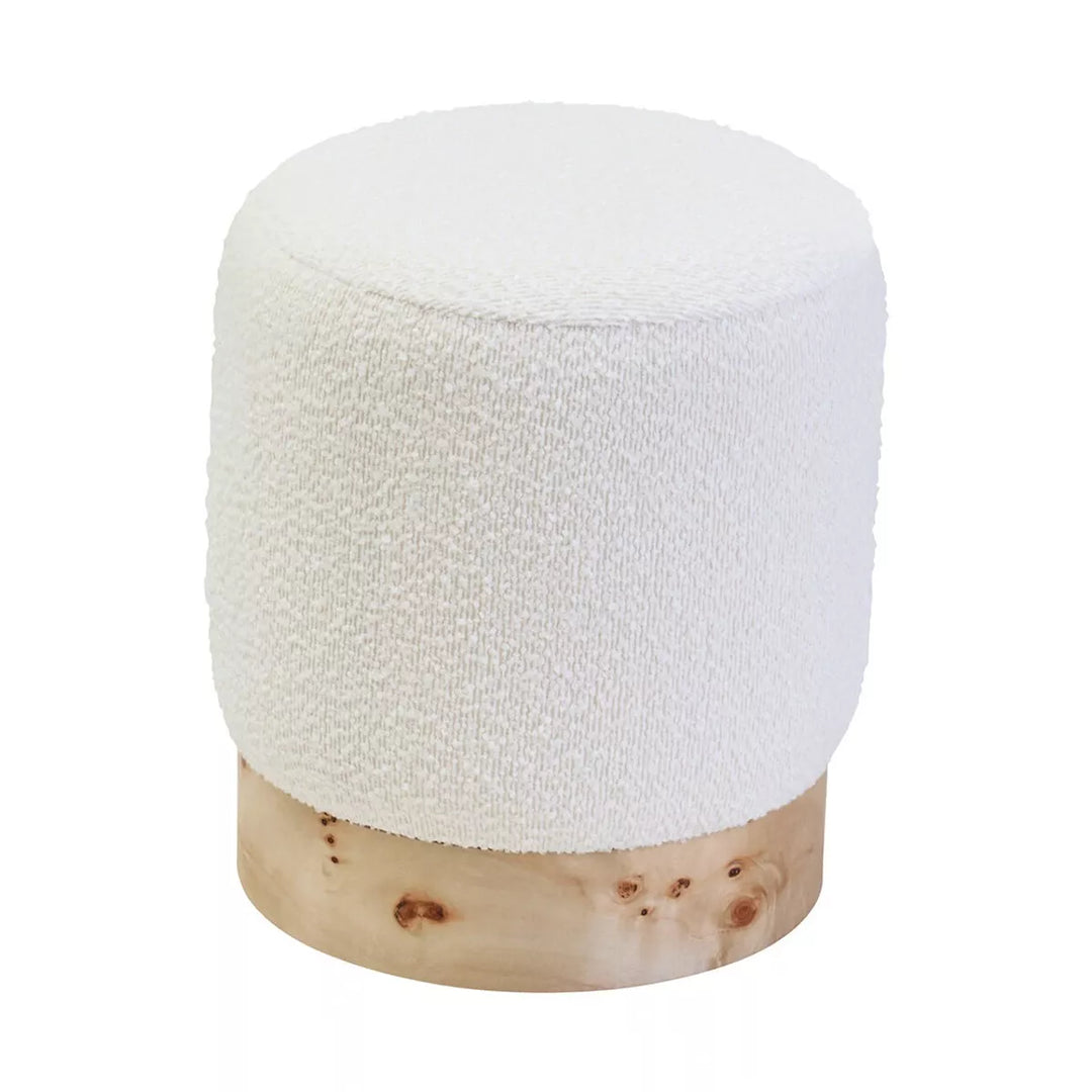 Mota Burl Wood Boucle Round Stool - Cream