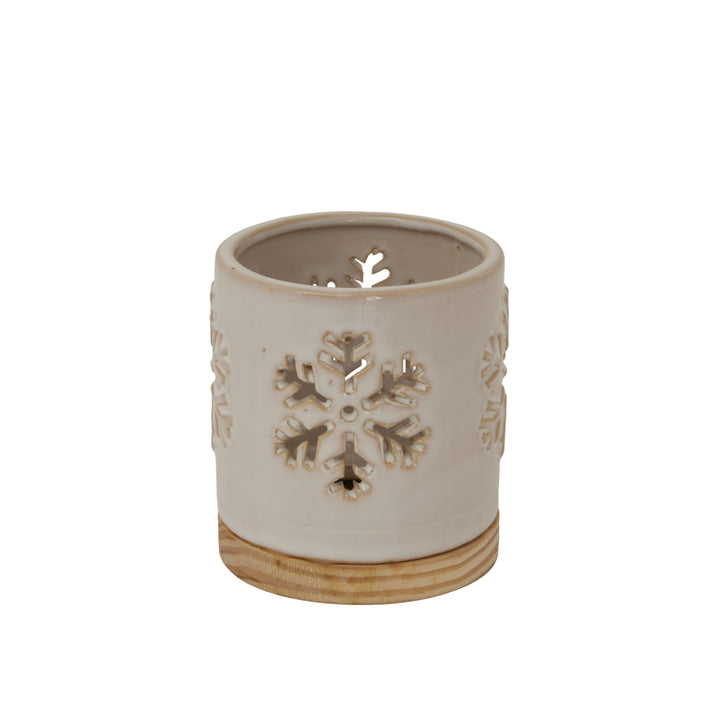 Alora Ceramic Snowflake Wooden Base Candle Holder Hill 3
