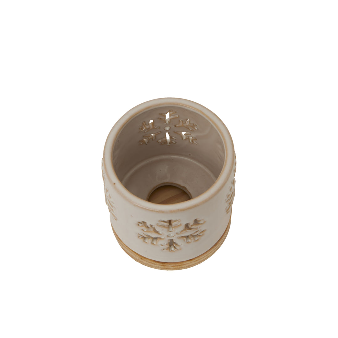 Alora Ceramic Snowflake Wooden Base Candle Holder Hill 4