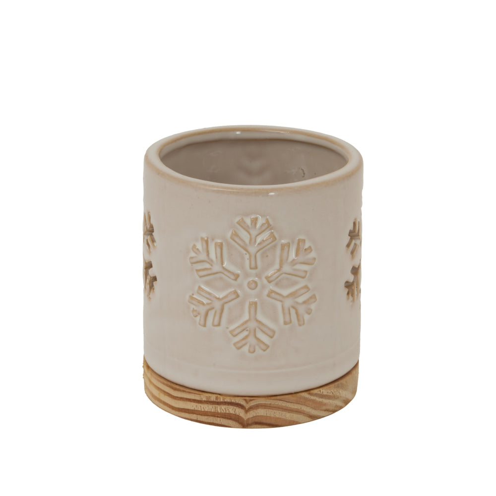 Alora Ceramic Snowflake Wooden Base Candle Holder Hill 2