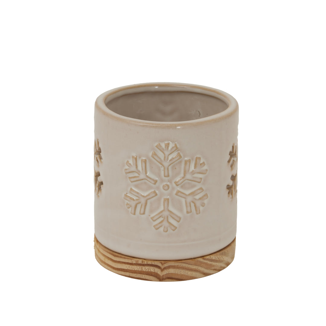 Alora Ceramic Snowflake Wooden Base Candle Holder Hill 2