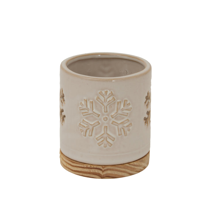 Alora Ceramic Snowflake Wooden Base Candle Holder Hill 2