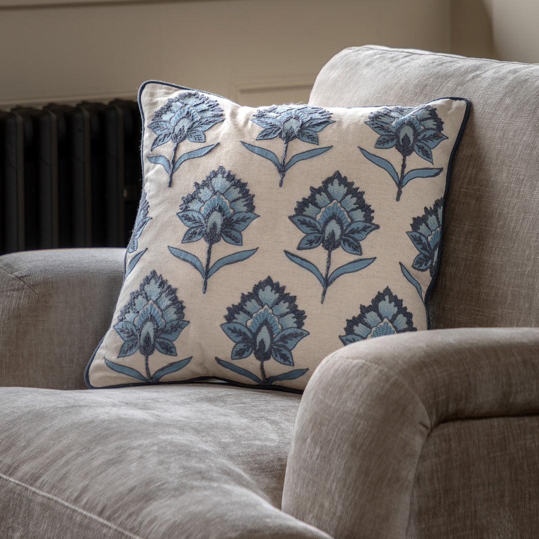 Fleur Embroidered Cushion - Ink Blue